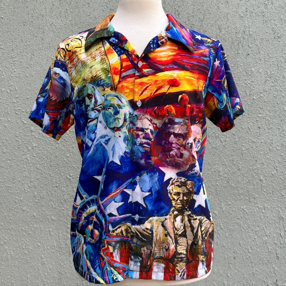 Patriot Mount Rushmore Hawaiian Shirt Size M Buttons Presidents We The People